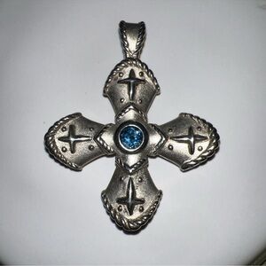 Sterling Silver Cross Pendant with Blue Topaz Gemstone with Roping Detail
